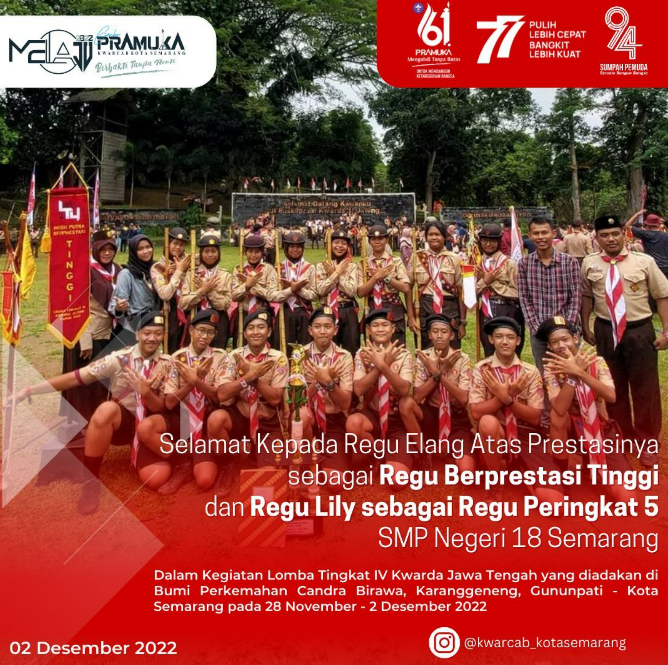 Selamat untuk Regu Elang dan Regu Lily SMP 18 Kota Semarang atas Prestasi di Lomba Tingkat IV Kwarda Jawa Tengah